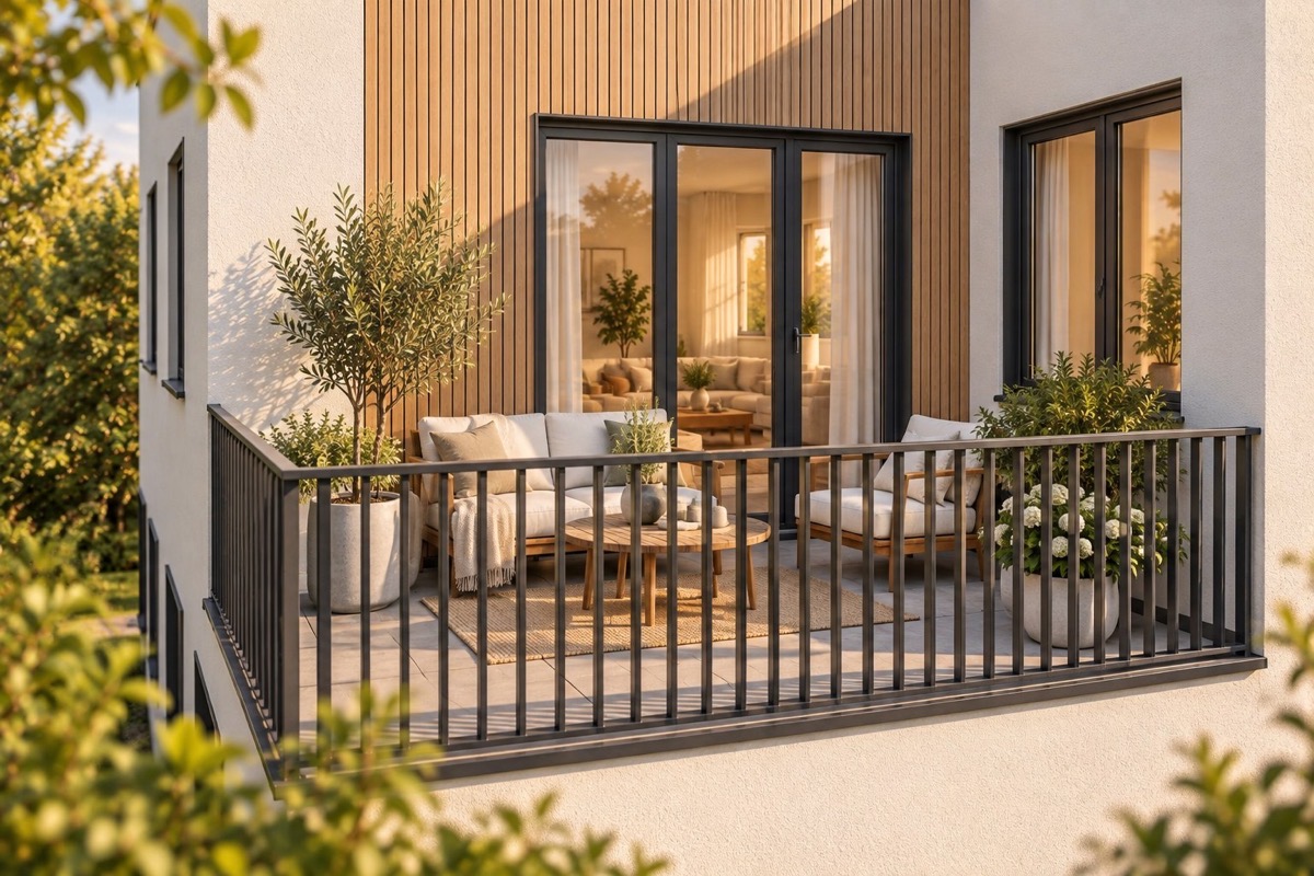 Dachterrasse mit Blick in die Neubauwohnung in Burgthann · Architekturvisualisierung